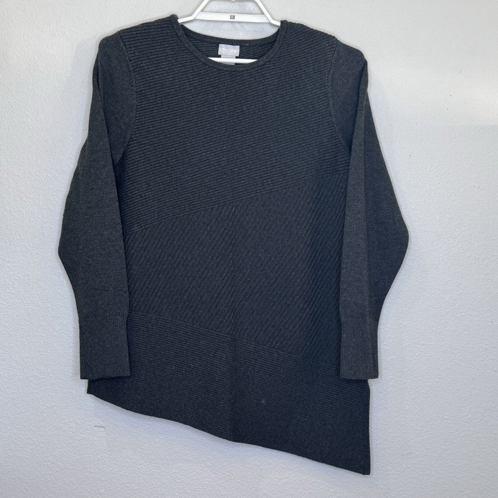 Chico's Sweater Size 1‎ Medium Gray Textured Stripe Long Sleeve Asymmetrical Hem